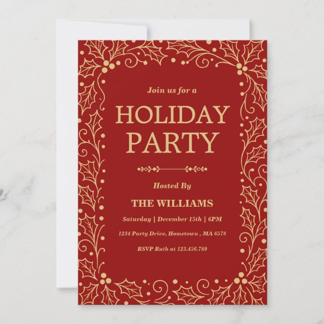 Red & Antique-Gold Holiday Christmas Party Einladung (Vorderseite)