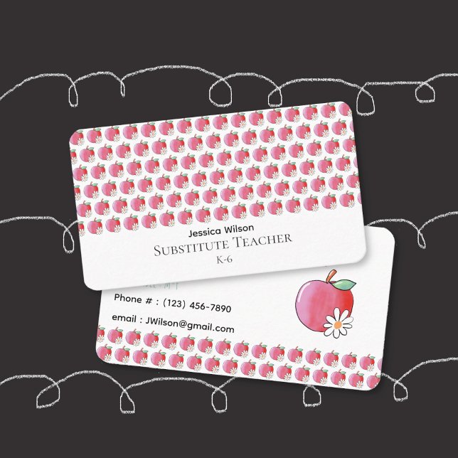 Red Apple and Daisy Pattern Teacher Business Card Visitenkarte (Red apple and daisy pattern double-sided rounded business cards for educators .)