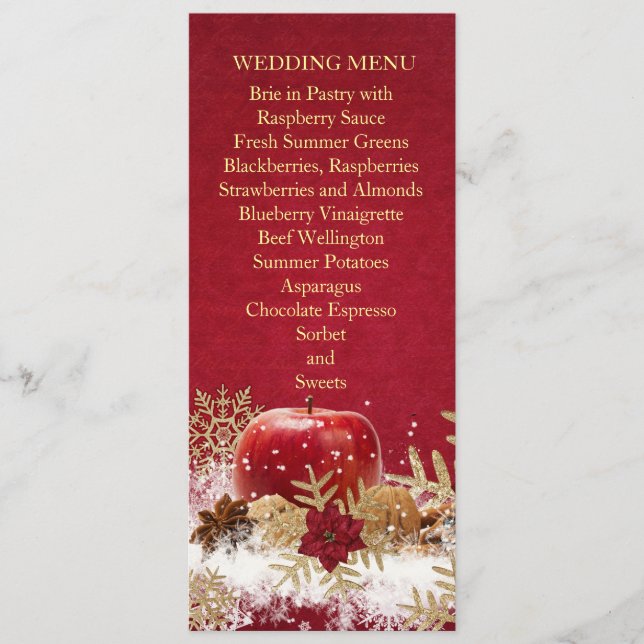 Red Apple Christmas Gold Snowflakes Hochzeitsmenü Menükarte (Vorderseite)