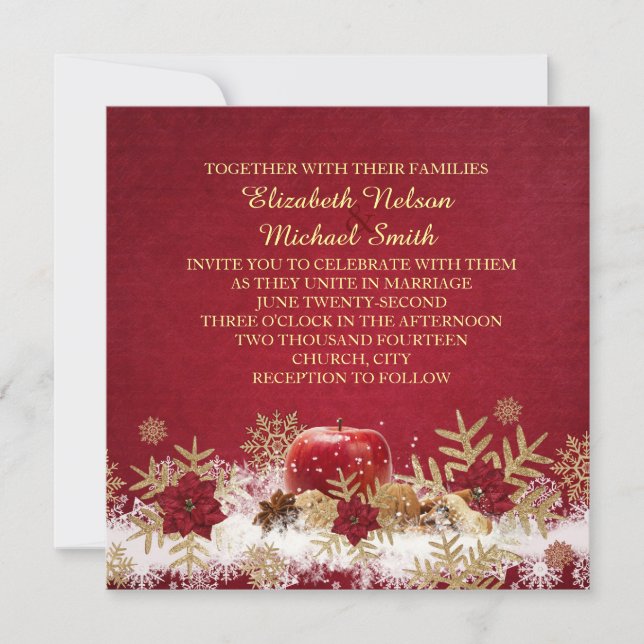 Red Apple Weihnachten Gold Snowflakes Hochzeitsrei Einladung (Vorderseite)
