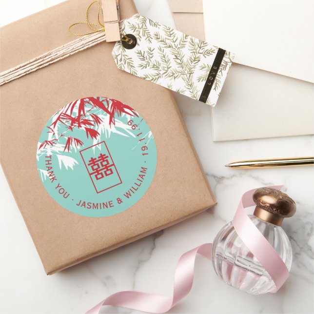 Red & Aqua Bamboo Blätter Shuang Xi Chinese Weddin Runder Aufkleber (Schenken)