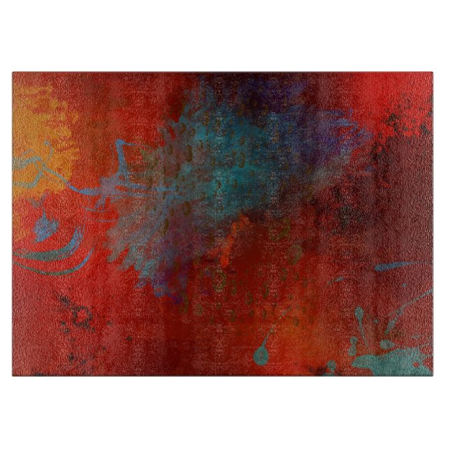 Red, Aqua & Gold Grunge Digitale Abstrakte Kunst Schneidebrett (Vorderseite)