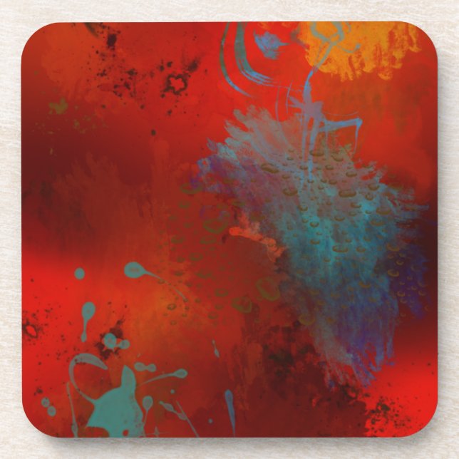 Red, Aqua & Gold Grunge Digitale Abstrakte Kunst Untersetzer (Vorderseite)