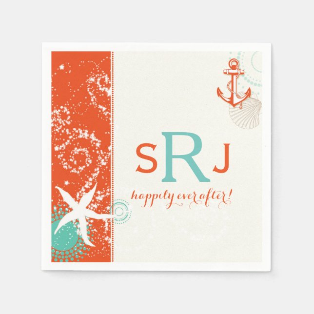 Red Aqua Ivory Nautical Beach Wedding Serviette (Vorderseite)