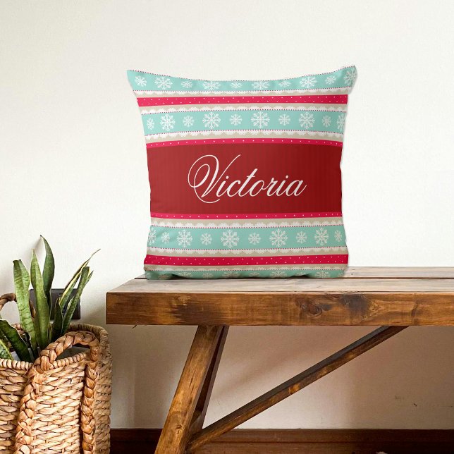 Red Aqua Snowflakes Weihnachtsmuster Individuelle  Kissen (Von Creator hochgeladen)