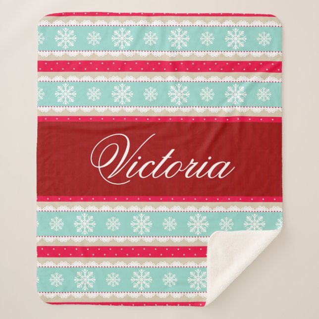 Red Aqua Snowflakes Weihnachtsmuster Individuelle  Sherpadecke (Vorderseite)