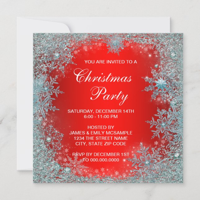 Red Aquamarin Blue Snowflake Weihnachts-Party Einladung (Vorderseite)