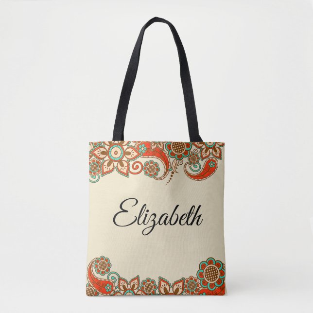 Red Aquamarin Floral Paisley Gerahmt Add Name Lein Tasche (Vorderseite)