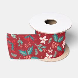 Red Aquamarin Holries Weihnachts-Blumenmuster Satinband