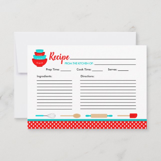 Red & Aquamarin Retro Kitchen Bridal Rezept Karte (Vorderseite)