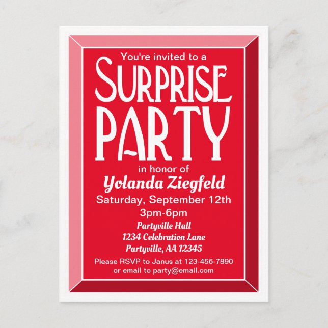 Red Art Deco Beveled Birthday Surprise Party Einladungspostkarte (Vorderseite)