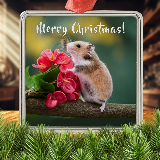 Red Arthurium mit Hamster Frohe Weihnachten Ornament Aus Metall (Von Creator hochgeladen)
