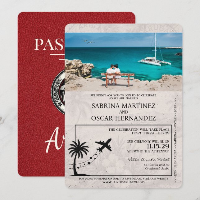 Red Aruba Passport Hochzeitseinladung Einladung (Vorne/Hinten)
