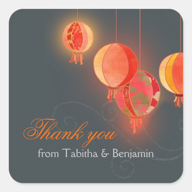 Red Asian Lanterns Gray Wedding Vielen Dank Quadratischer Aufkleber (Vorderseite)