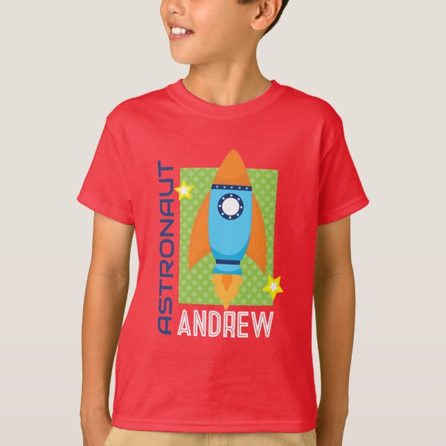 Red Astronaut Name Space Rocket Party Shirt (Vorderseite)