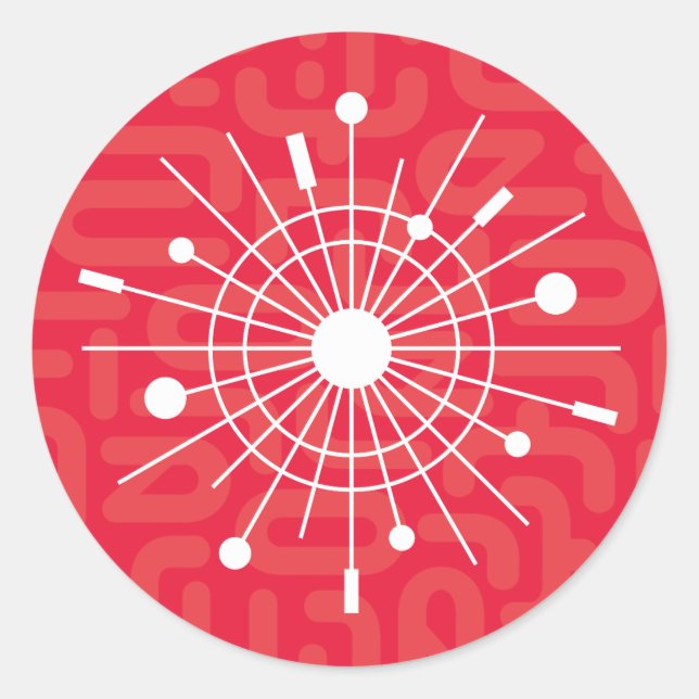 RED Atomik Sputnik Weihnachtsschneeflocke im Mitte Runder Aufkleber (Vorderseite)