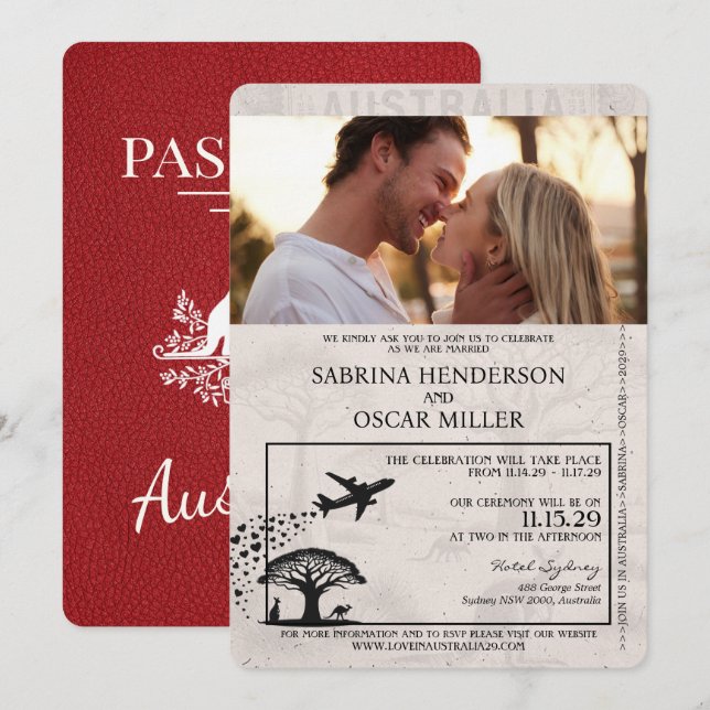 Red Australia Passport Wedding Einladung (Vorne/Hinten)