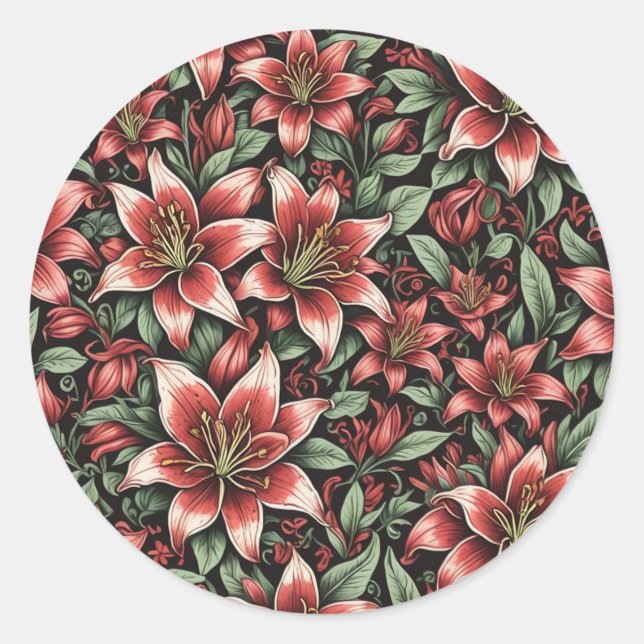 Red Aztec Lily Pattern Runder Aufkleber (Vorderseite)
