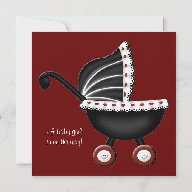 Red Baby Carriage Baby Girl Dusche Einladung (Vorderseite)
