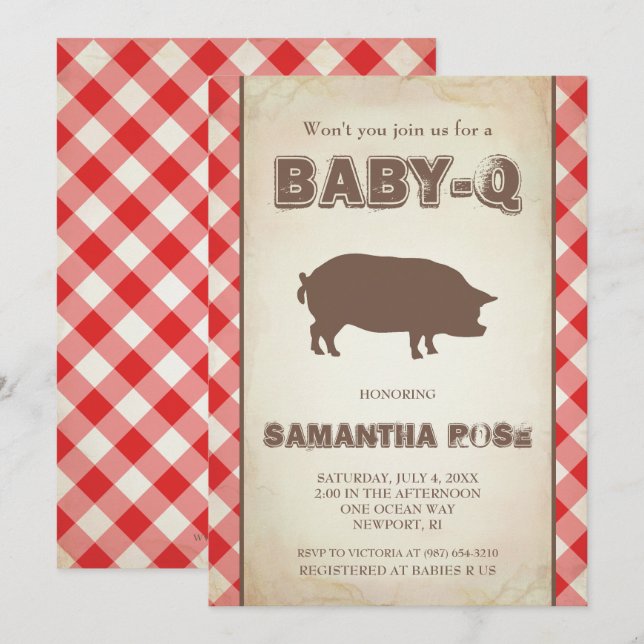 Red BabyQ Babydusche, GRILLEN Baby Q Einladung (Vorne/Hinten)