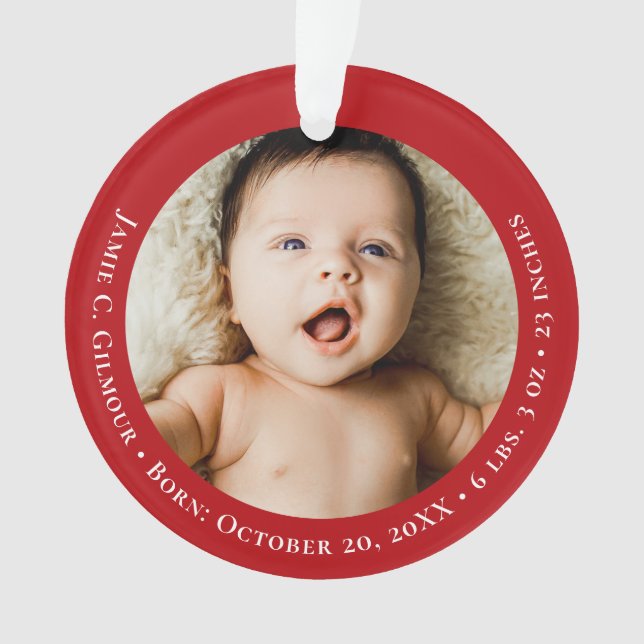 Red Baby's First Christmas 1 Foto Geburtsdatum Ornament (Vorderseite)