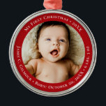Red Baby's First Christmas 1 Foto Geburtsdatum Ornament Aus Metall<br><div class="desc">Feiern Sie Ihren ersten Urlaub mit diesem Red Baby's First Christmas 1-Foto Geburtstag Datum Weihnachtsgeschenk-Ornament. Dieser bezaubernde Sake verfügt über einen Raum, der mit dem Foto und dem Geburtsdatum Ihres Babys personalisiert werden kann, was es zu einer gepflegten Erinnerung macht, an Ihrem Weihnachtsbaum Jahr für Jahr festzuhalten. Das klassische rote...</div>