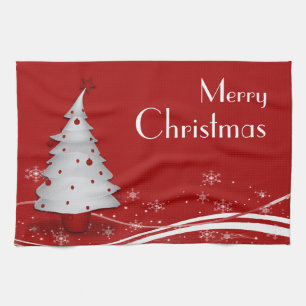 Red Background & White Tree Weihnachten Geschirrtuch