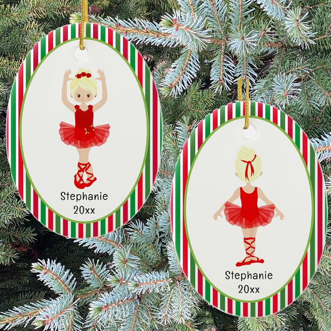 Red Ballerina Stripes Personalisiert Keramik Ornament (Red Ballerina Stripes Personalized Christmas Ceramic Ornament)