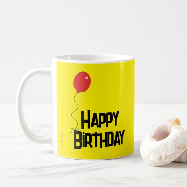 Red Balloon Happy Birthday Yellow Mug (Avec donut)
