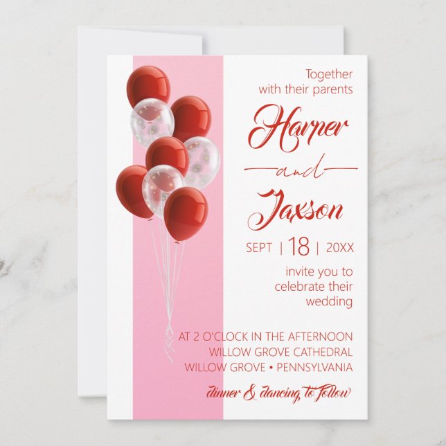 Red Balloons. Elegante Hochzeitskarte Einladung (Vorderseite)