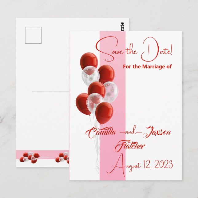 Red Balloons. Elegante Save the Date Karte (Vorne/Hinten)