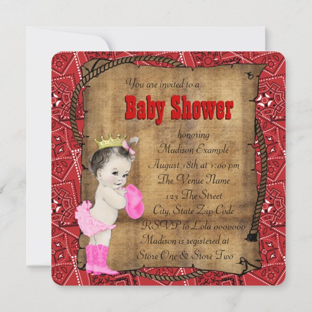 Red Bandana Cowgirl Babydusche Einladung (Rückseite)