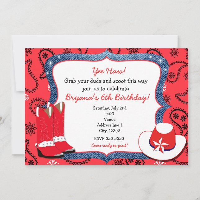 Red Bandana & Denim Western Cowgirl Invitation (Devant)