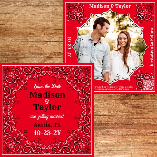 Red Bandana Foto Flat Save the Date Karte (Classic red bandana Save the Date with your photo and a QR code.)