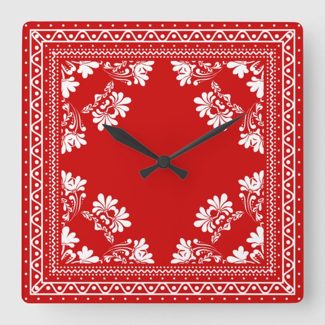 Red Bandana Pattern Quadratische Wanduhr (Vorderseite)