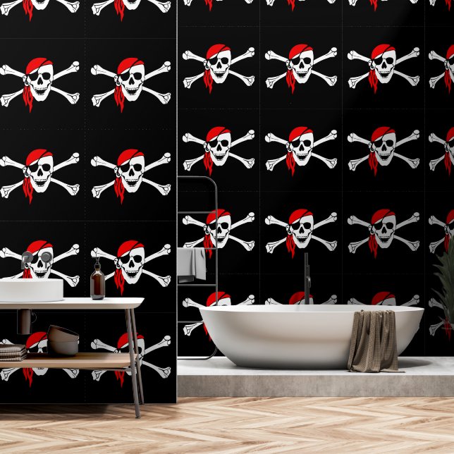 Red Bandana Pirate Flag Black Tapete (Badezimmer)