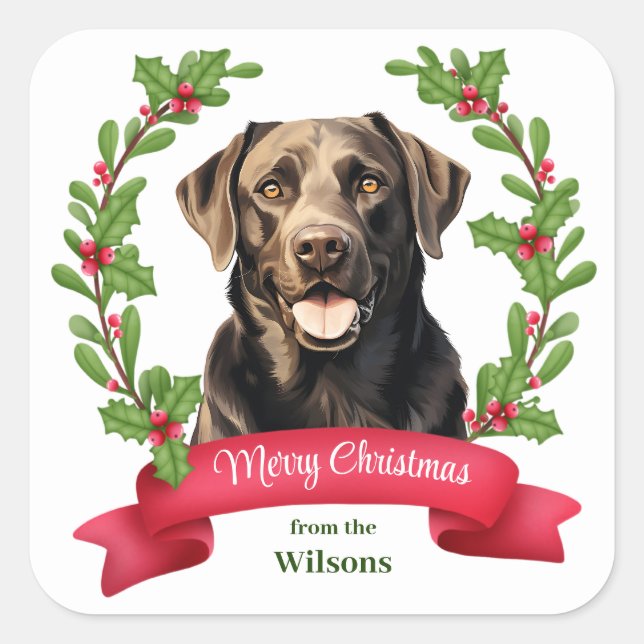Red Banner Holly Chocolate Labrador Retriever Chri Quadratischer Aufkleber (Vorderseite)