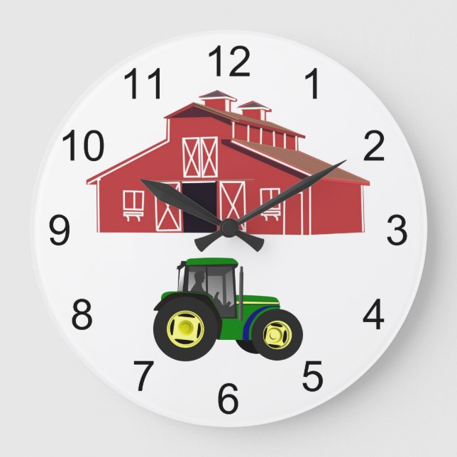 Red Barn and Farm Tractor Country Farmer Große Wanduhr (Vorderseite)