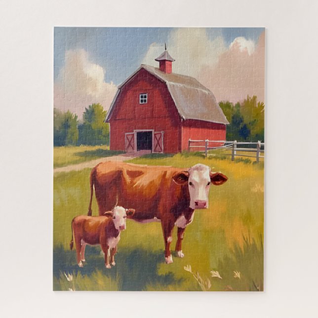 Red Barn Farm Animals Cow Painting (Vertikal)