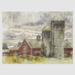 Red Barn Silo's auf einer verzweigten Farm Seidenpapier