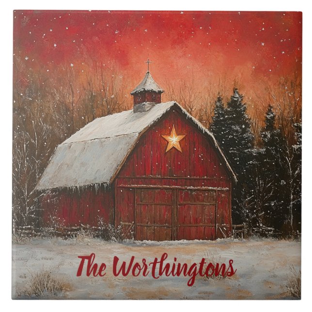 Red Barn & Snow Orange Winter Sunset Farmhouse  Fliese (Vorderseite)