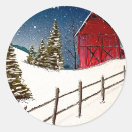 Red Barn Snowy Landschaft Runder Aufkleber
