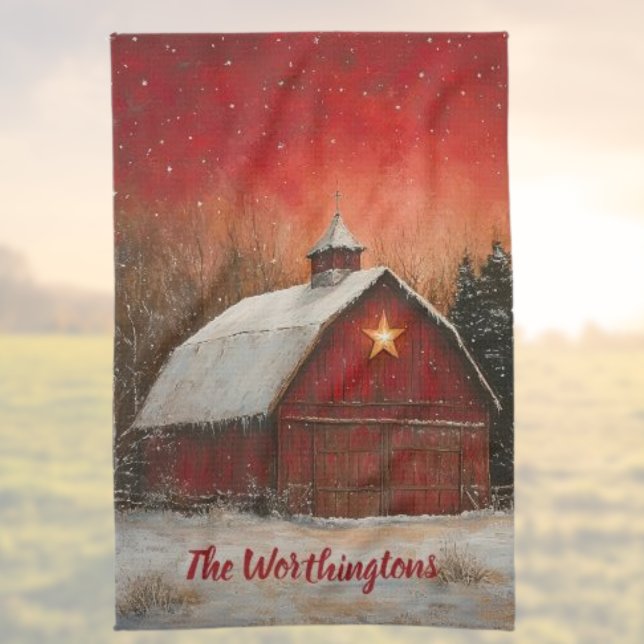 Red Barn w Star n Winter Trees Farmhouse Monogram Geschirrtuch (Von Creator hochgeladen)