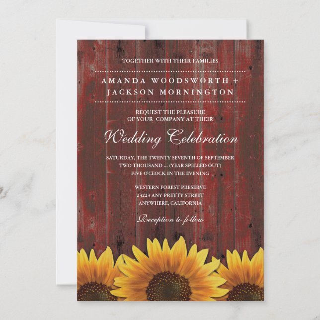 Red Barn Wood Rustic Sunflower Invitations de mari (Devant)