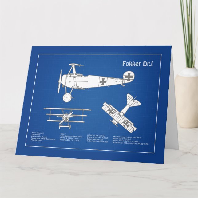 Red Baron Fokker Dr.1 - Airplane Blueprint ABD Dankeskarte (Vorderseite)