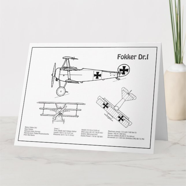 Red Baron Fokker Dr.1 - Airplane Blueprint BD Dankeskarte (Vorderseite)