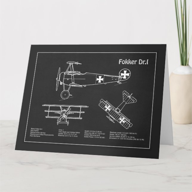 Red Baron Fokker Dr.1 - Airplane Blueprint PD Dankeskarte (Vorderseite)
