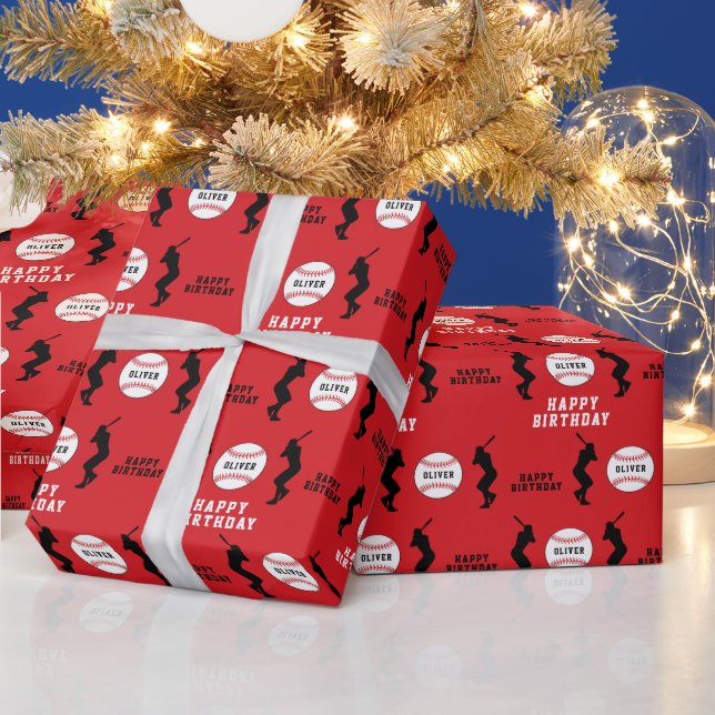 Red Baseball Ball Player Kinder Name Geburtstag Geschenkpapier (Feiertage)