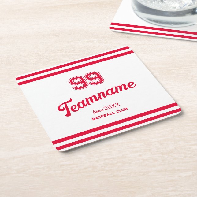 Red Baseball Club Custom Player Number & TeamName Rechteckiger Pappuntersetzer (angewinkelt)