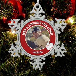 Red Baseball Player Photo Custom High School Schneeflocken Zinn-Ornament